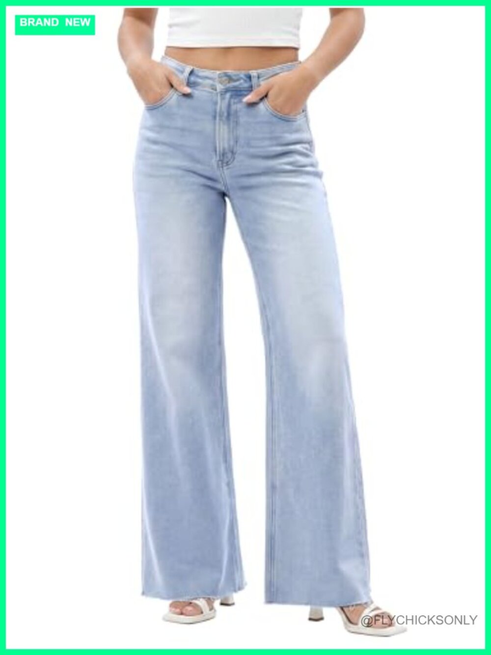 High Waisted Wide Leg Stretchy Baggy Denim Jeans Raw Hem